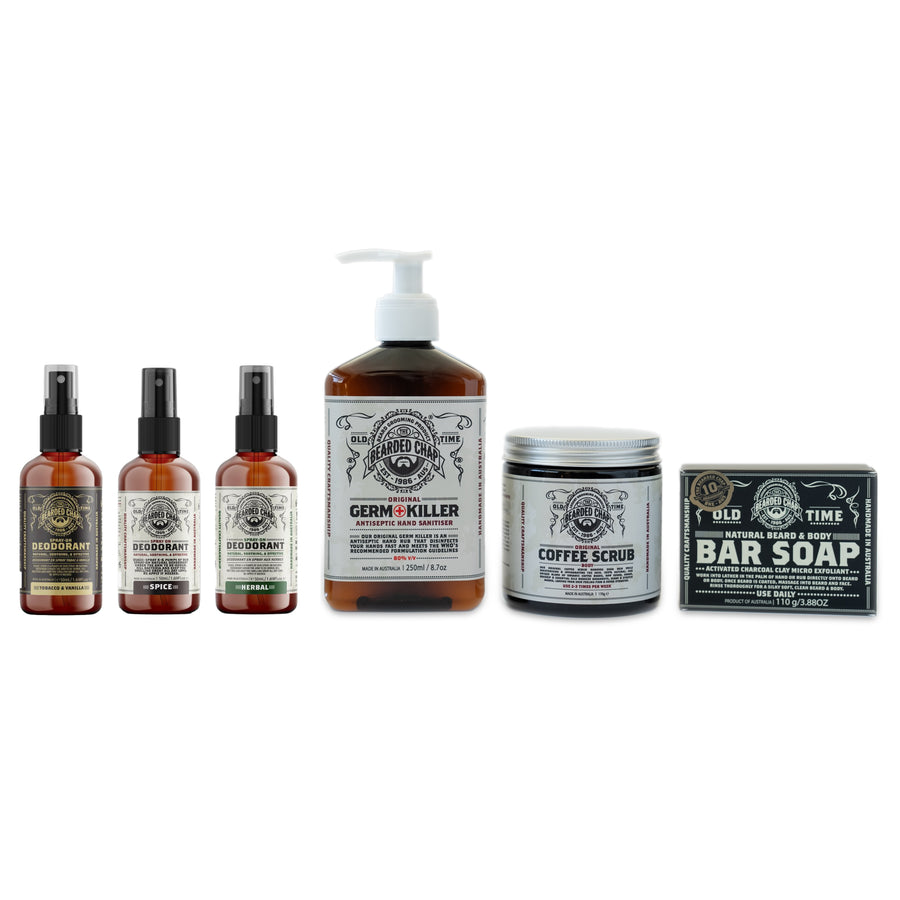 The Bearded Chap Body Bundle. Includes our aluminium free natural deodorant, coffee scrub, activated charcoal soap and germ killer. 