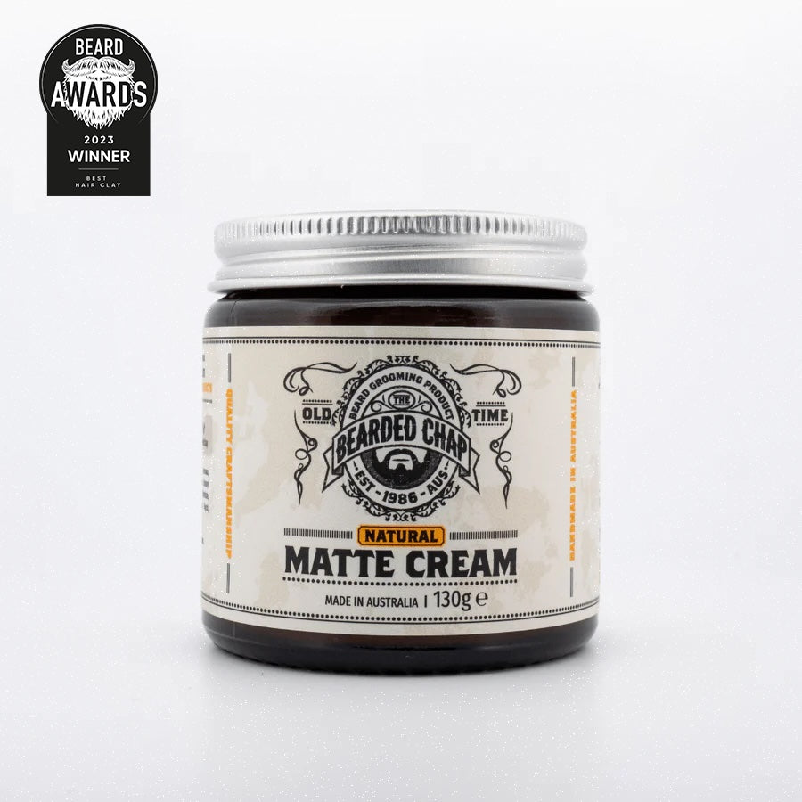 The Bearded Chap Natural Matte Cream Hair Styling product. Made in Australia from natural ingredients. Strong hold with a matte finish. Awarded winner of best hair clay in New Zealand 2023
