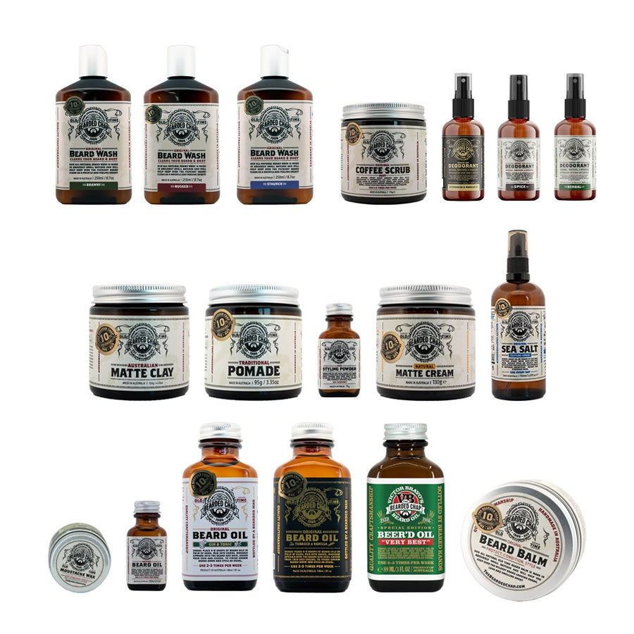 The Bearded Chap Platinum Head-to-toe bundle - The ultimate grooming pack for every man.  Includes beard wash, coffee scrub, aluminium free deodorant , matte hair clay pomade, traditional pomade, hair styling powder, natural matte cream , sea salt texture spray, moustache wax, beard oil, beard balm